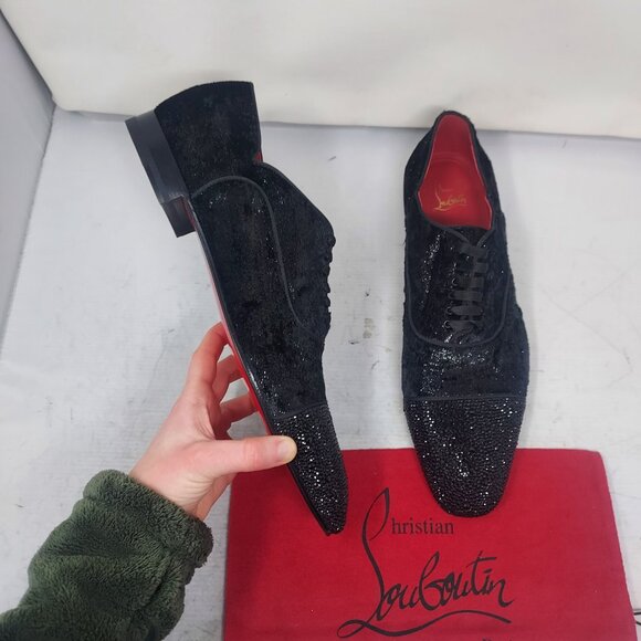 Christian Louboutin Black Greggy Chick Bejeweled Strass Lace Up Velvet Loafer Sh main image 8